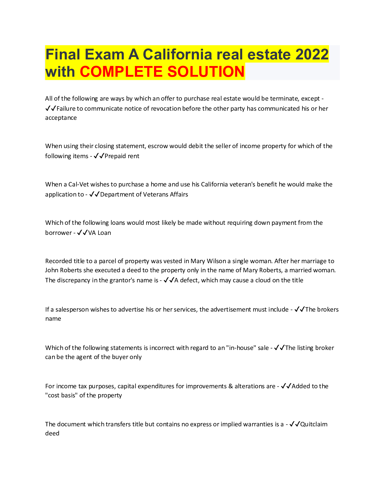 Bundle for California Real Estate Practice Exams 2022 Browsegrades